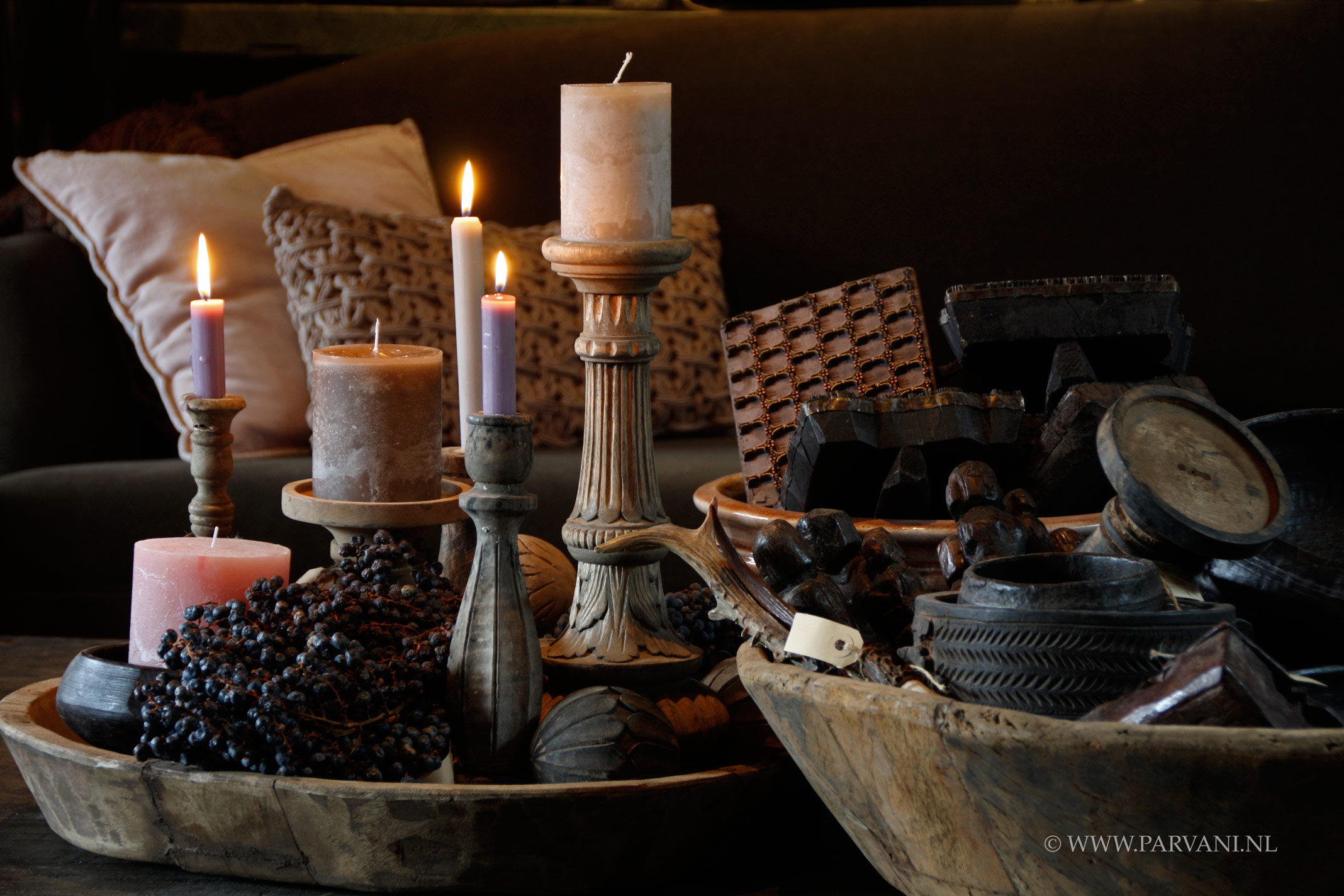 winkel combinatie Vier Kandelaren-kaarsen-Hoffz-schaal-oud-hout-chapati | Parvani