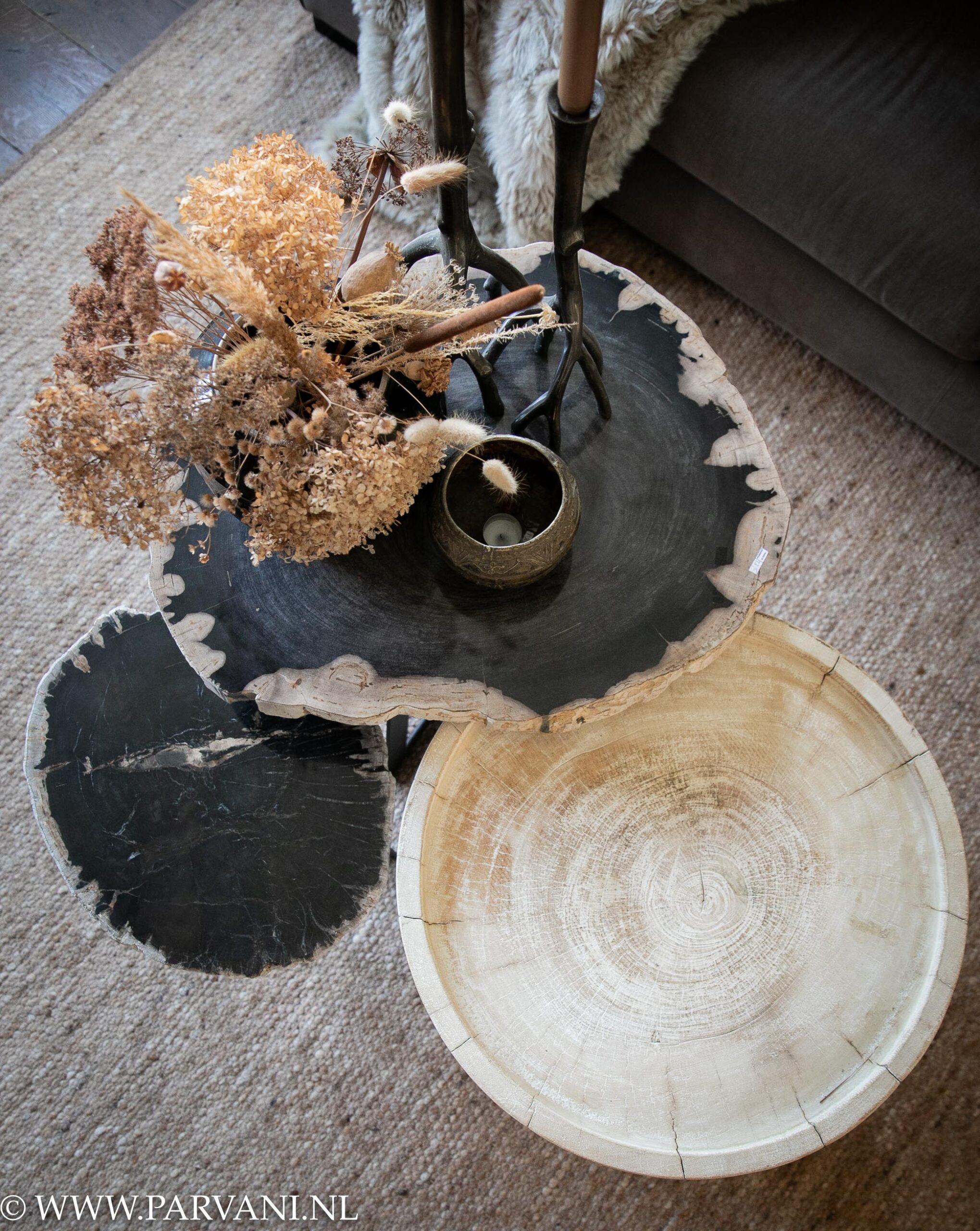 Ontvangst klinker Lima Zwart beige bruin versteend houten salontafels met strakke ronde boomstam  tafel in lichte naturelle kleur | Parvani